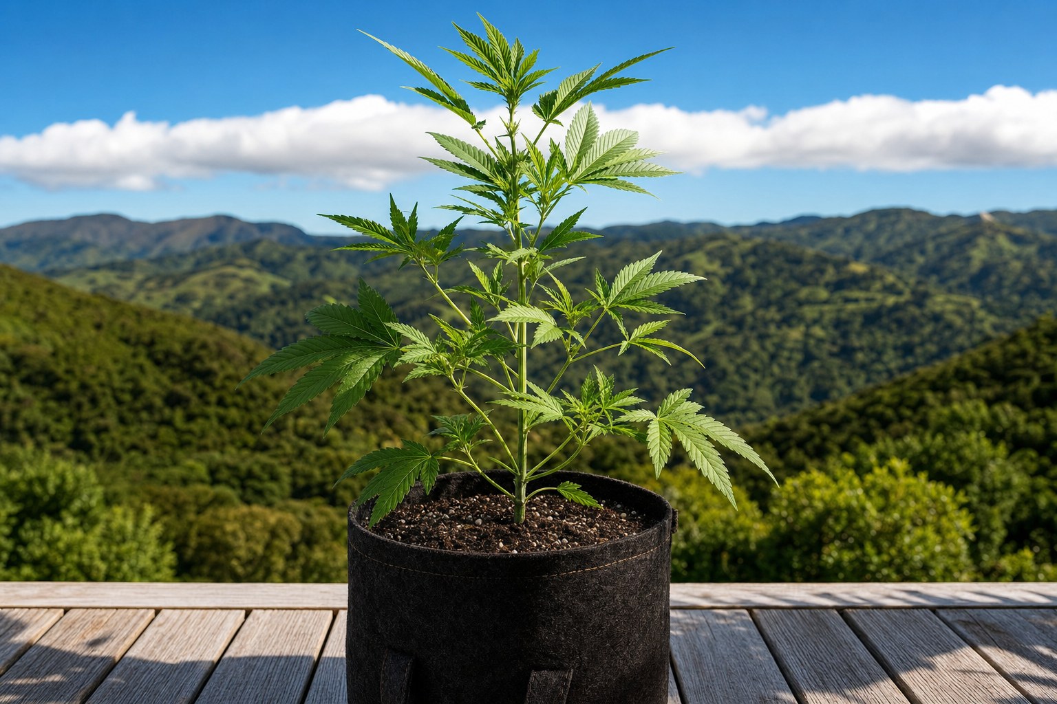 Healthy young cannabis plant in a pot on a timber deck with bush-clad New Zealand hills and a long white cloud behind