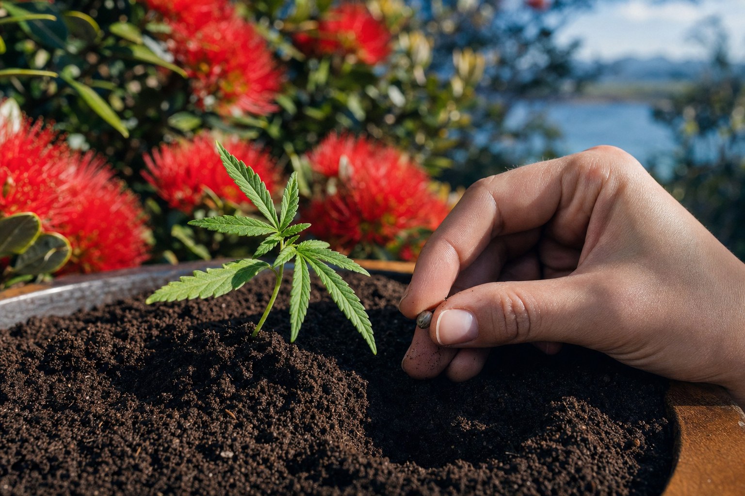 Hand planting a cannabis seed in dark soil with red pōhutukawa-style blooms softly out of focus in spring light
