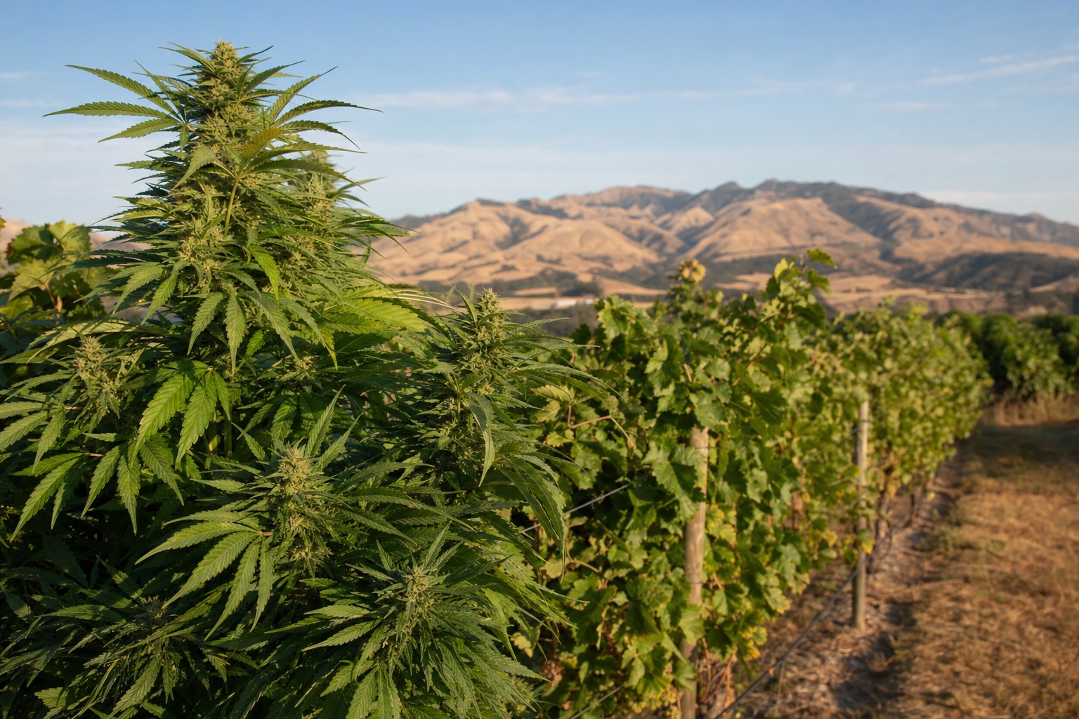 Cannabis plant beside East Coast grapevines beneath a wide, dry New Zealand sky.
