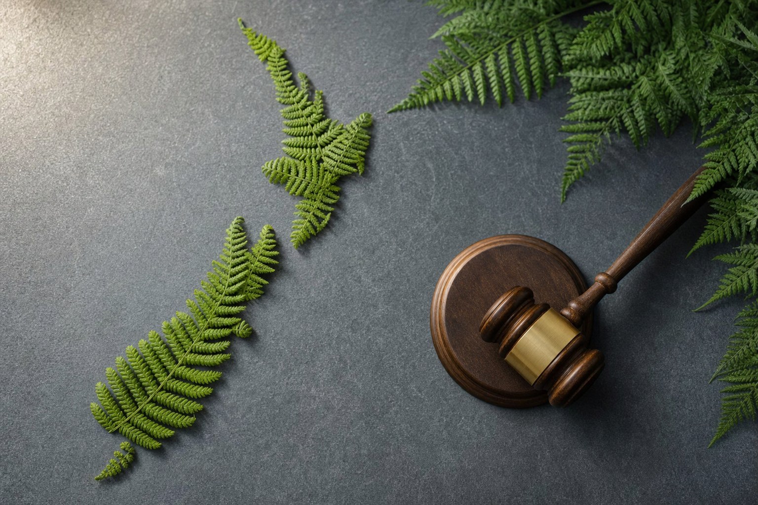 Flat lay map of New Zealand’s two islands formed from fern fronds beside a wooden gavel