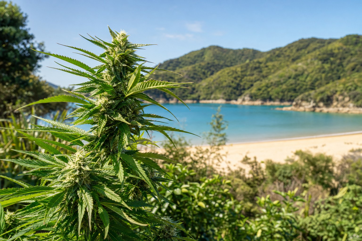 Cannabis plant in a sunny Nelson garden overlooking golden sand and a blue bay.