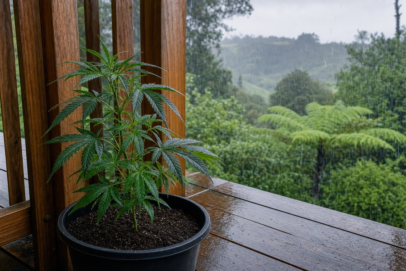 Cannabis plant in a well-drained pot under a porch while spring rain falls beyond the shelter.