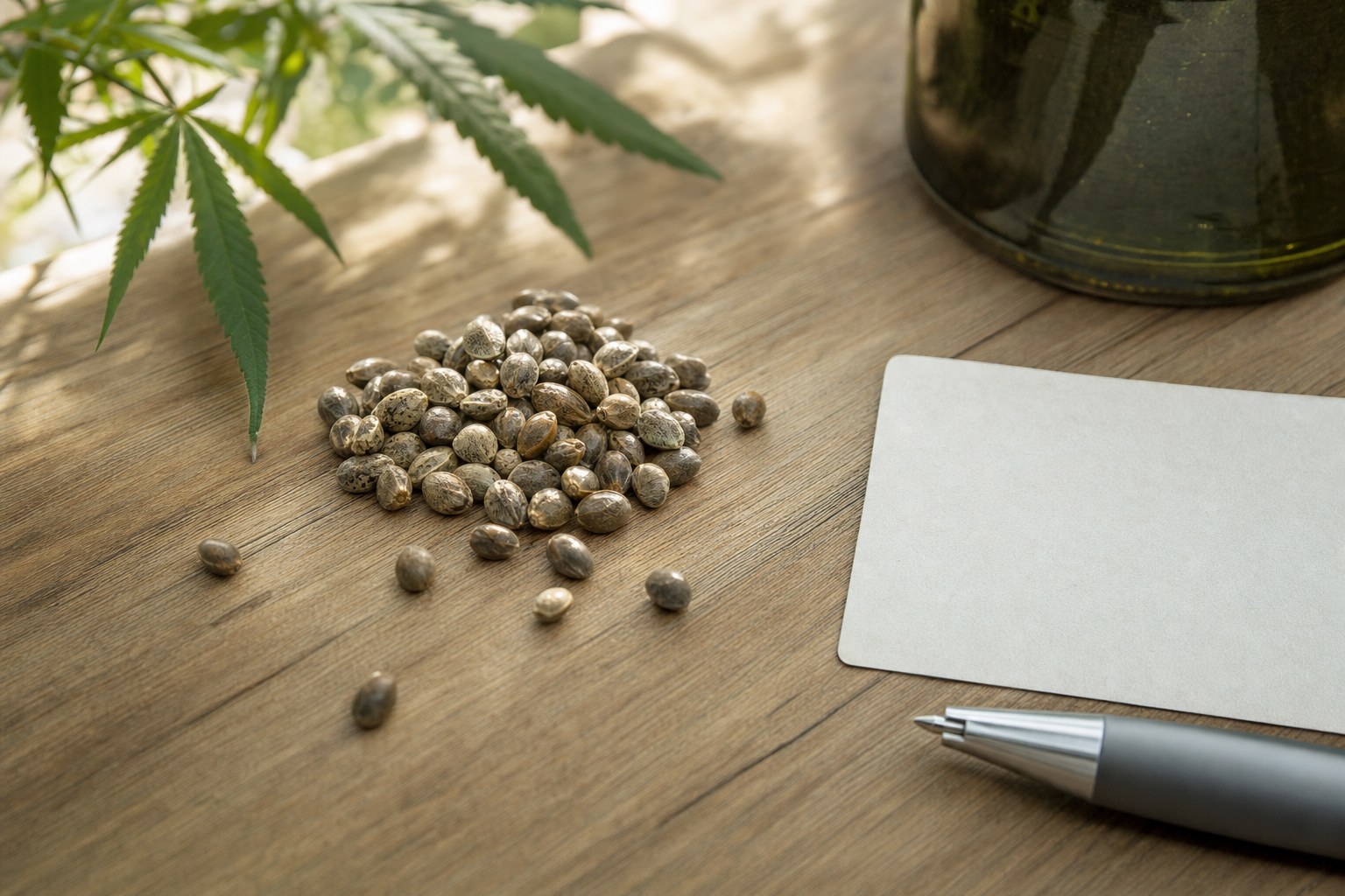 Cannabis seeds on a wooden table beside a plain official-looking card and pen in soft daylight