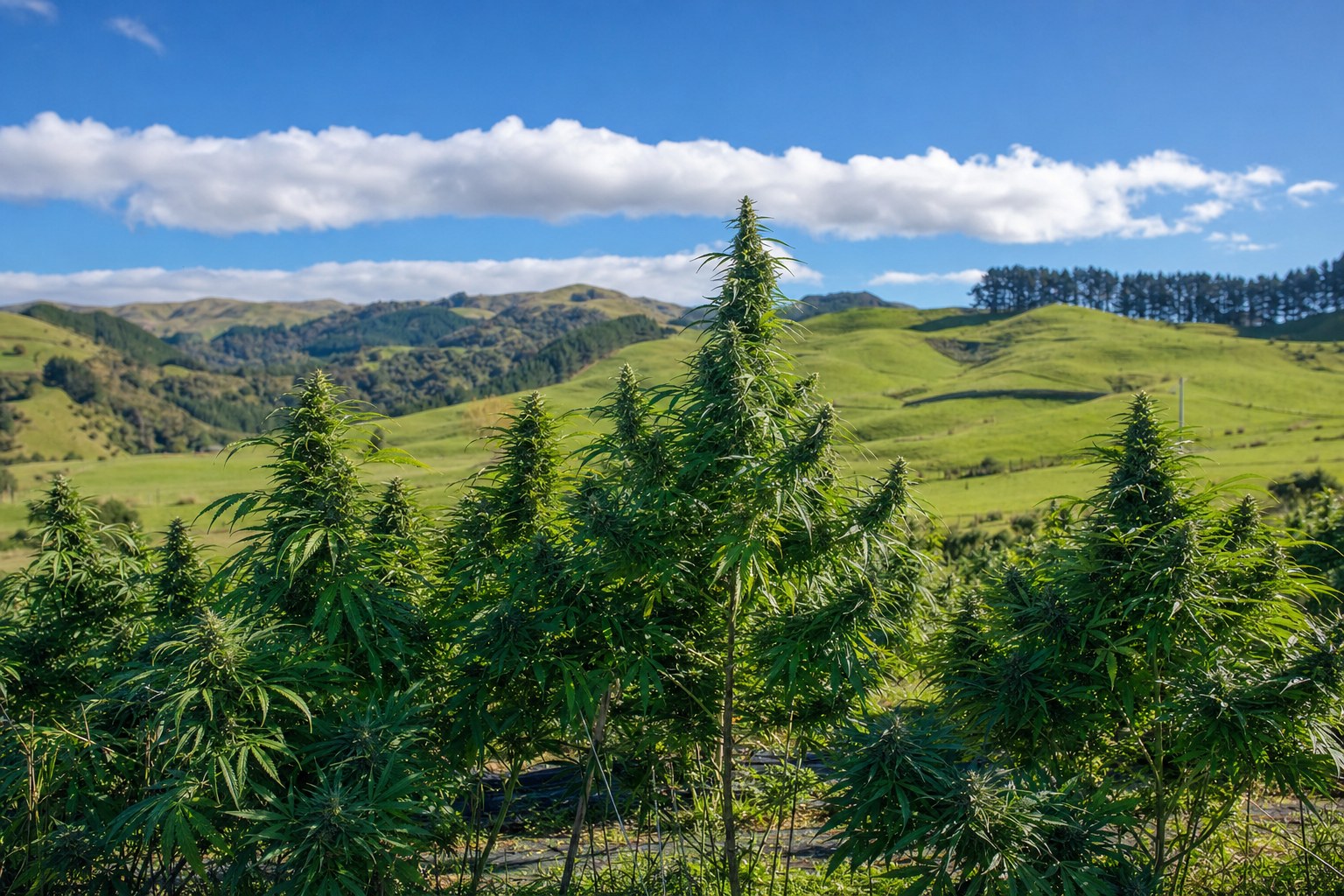 Row of thriving outdoor cannabis plants against green rolling New Zealand hills beneath a long white cloud