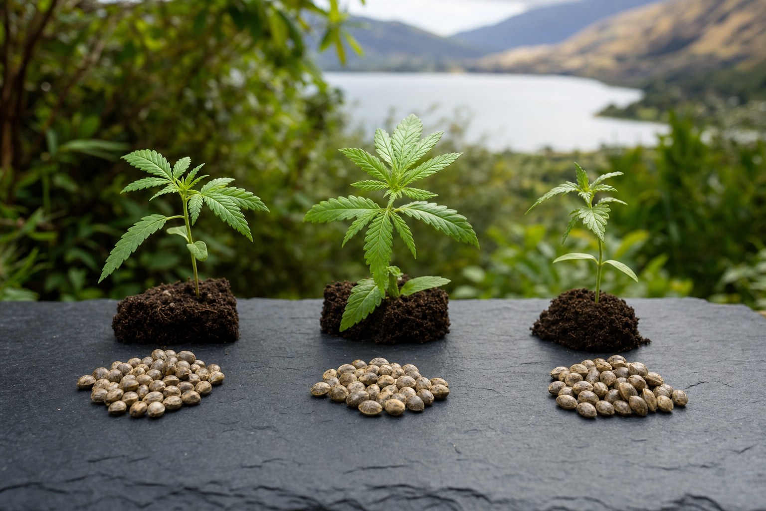 Three labelled piles of feminised, autoflower and regular cannabis seeds on dark slate, each with a small plant behind it