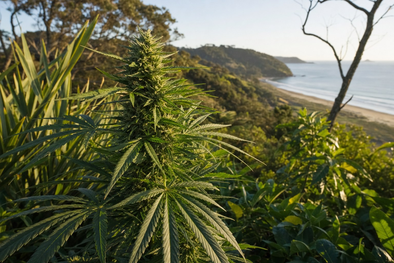 Cannabis plant among subtropical Northland foliage in warm coastal light with a distant beach