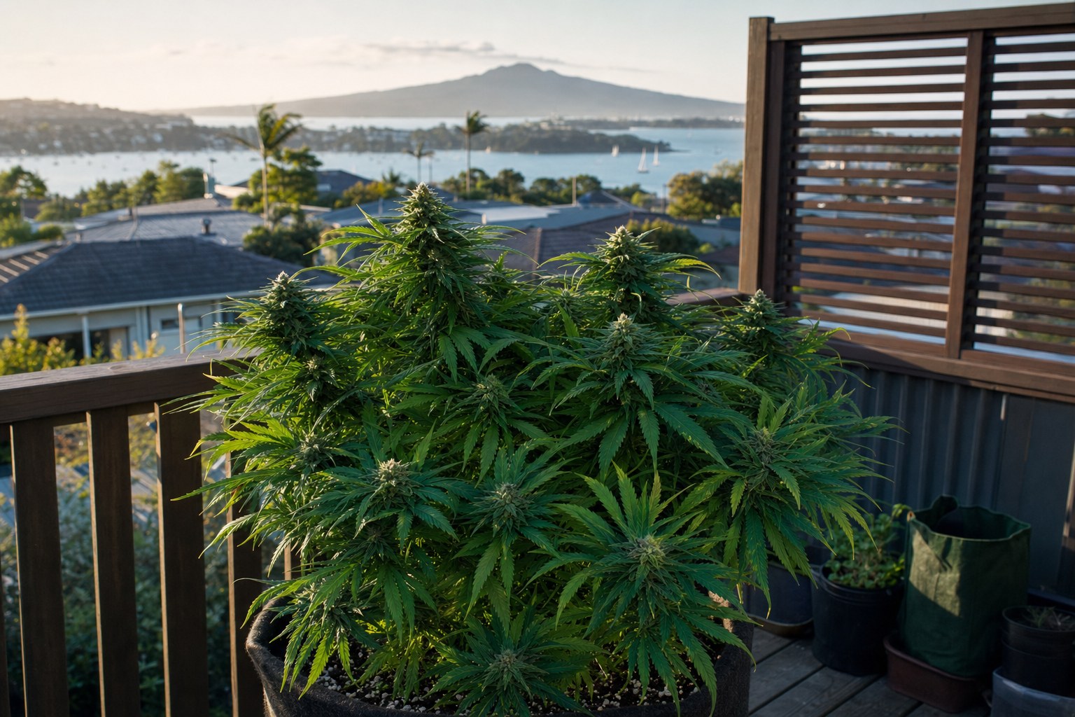 Cannabis plant on a compact Auckland suburban deck with harbour haze and a volcanic cone in the background