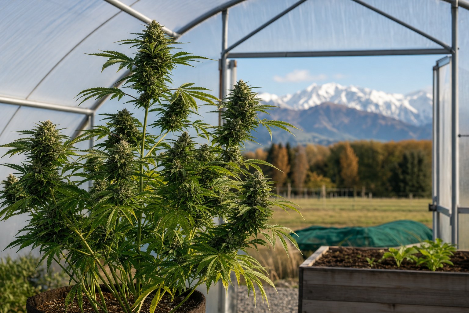 Cannabis plant in a small greenhouse with the Southern Alps visible on the Canterbury horizon