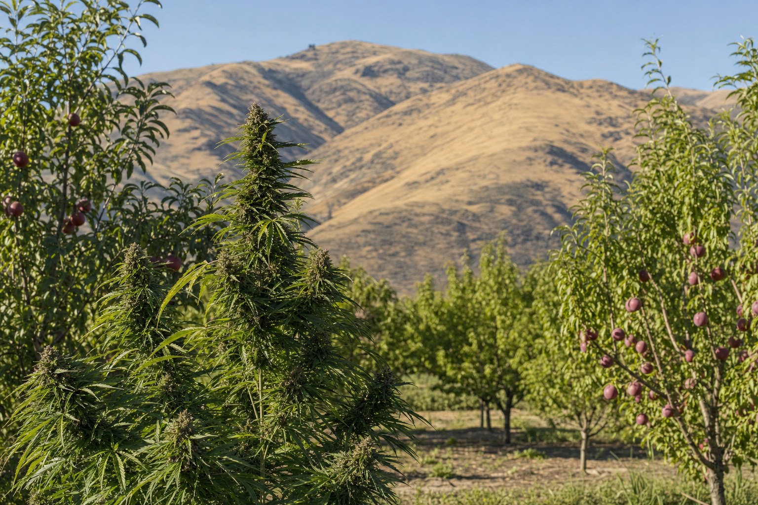 Cannabis plant growing among stone-fruit trees with golden schist hills in Central Otago
