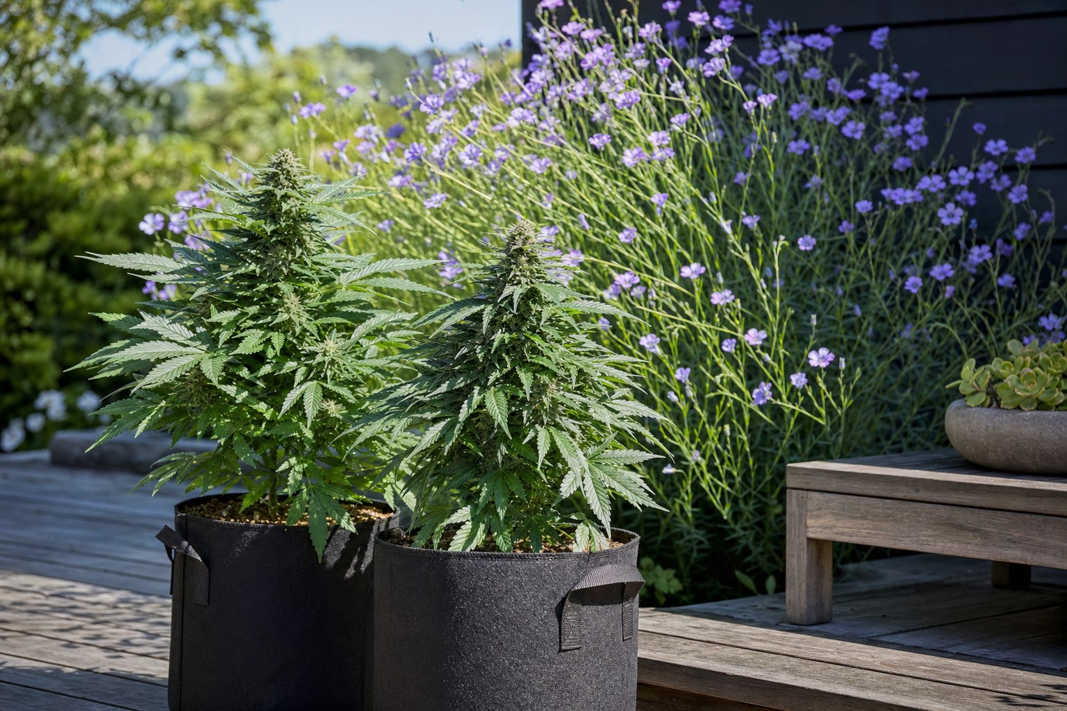 Two compact autoflower cannabis plants on a deck in bright New Zealand summer light with native flax behind