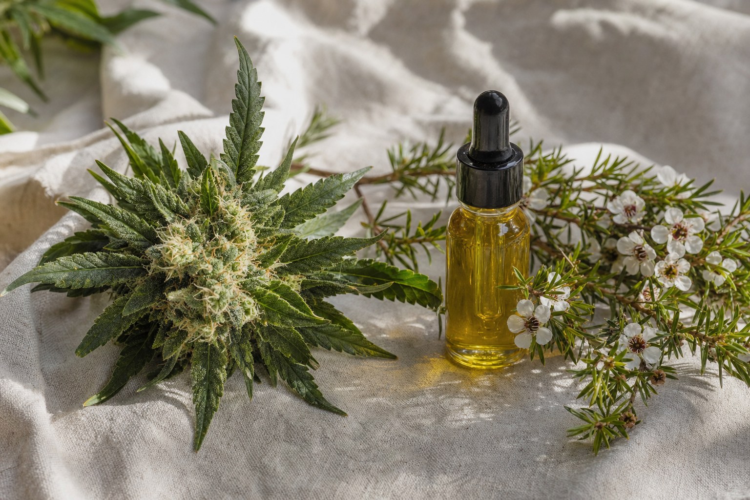 Pale green cannabis flower beside a glass dropper bottle and mānuka sprig on natural linen