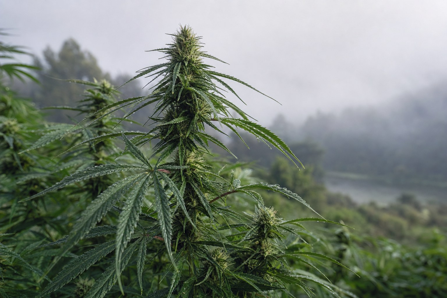 Airy open-structured cannabis plant carrying morning dew in soft New Zealand autumn fog
