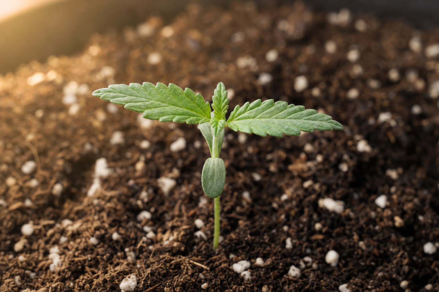Tiny cannabis seedling with cotyledons and first true leaves under soft light