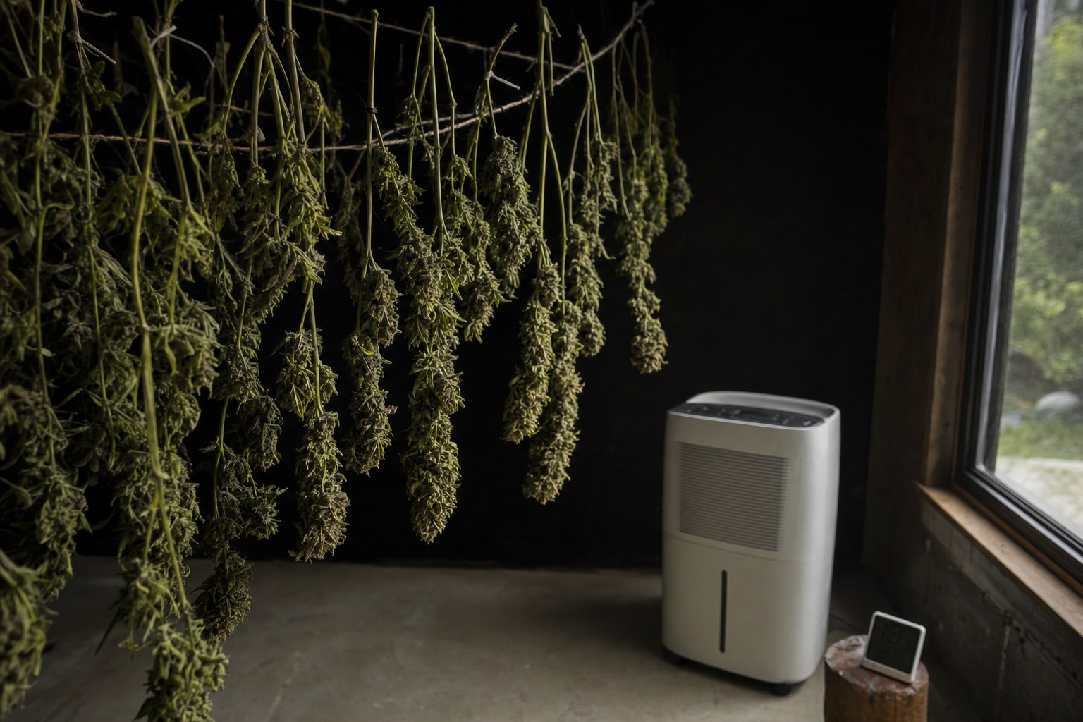 Cannabis branches hanging in a dark drying room beside a dehumidifier and digital hygrometer