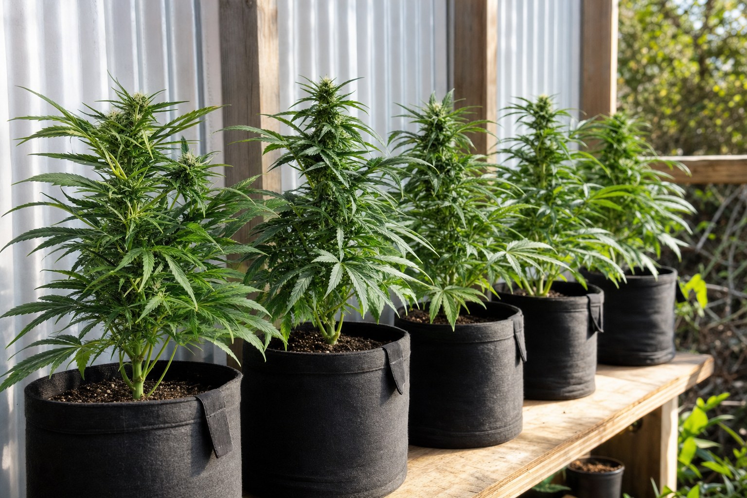 Row of sturdy healthy cannabis plants in a tidy beginner growing setup under warm daylight, New Zealand