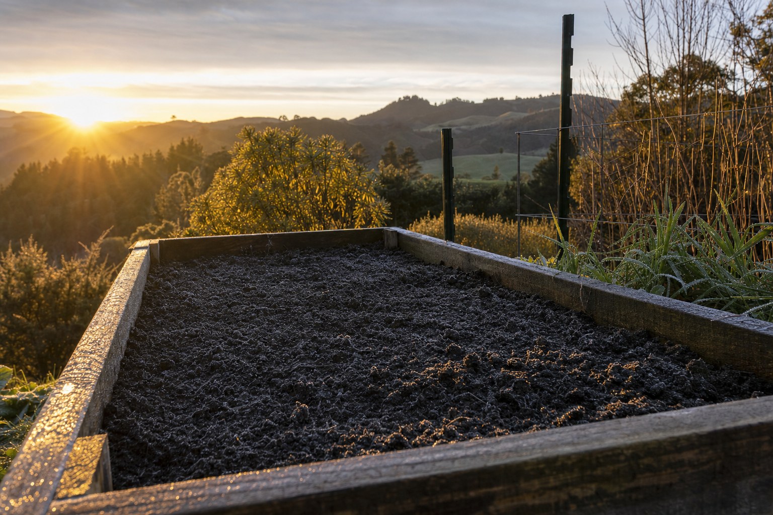 Sunrise over a prepared backyard garden bed with dew on the soil and New Zealand hills in the background