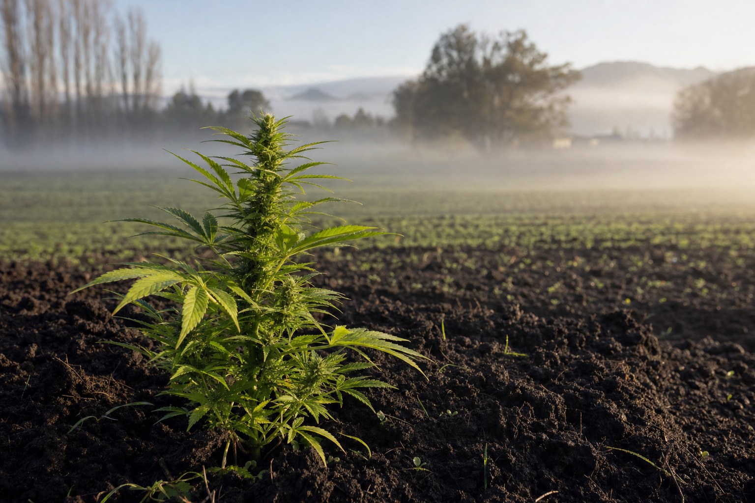 Cannabis plant growing in dark fertile soil amid morning fog on flat Waikato farmland