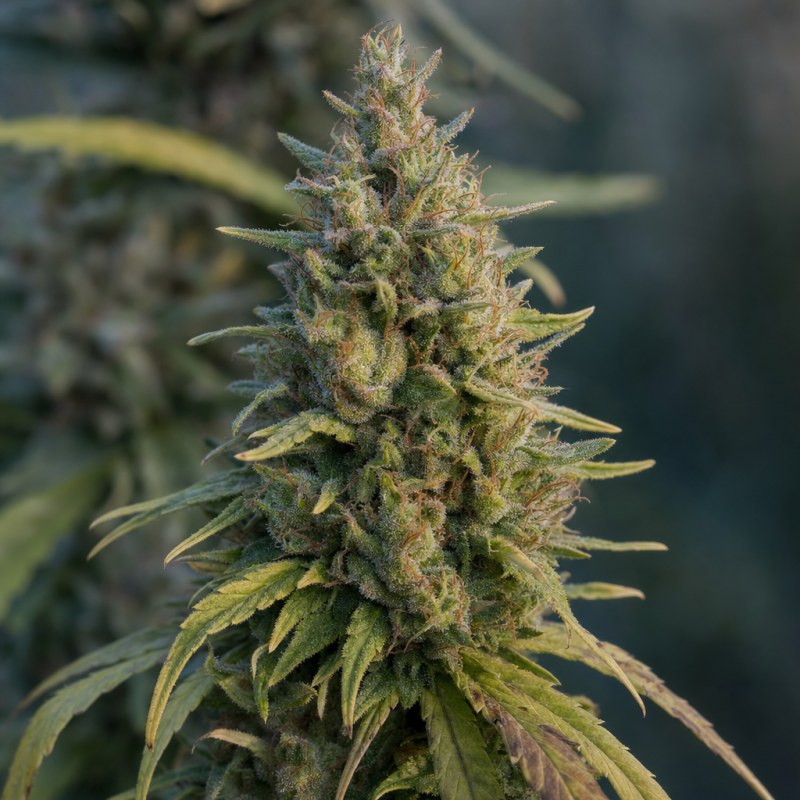 Outdoor macro photograph of the Ghost Train Haze flower on a living plant