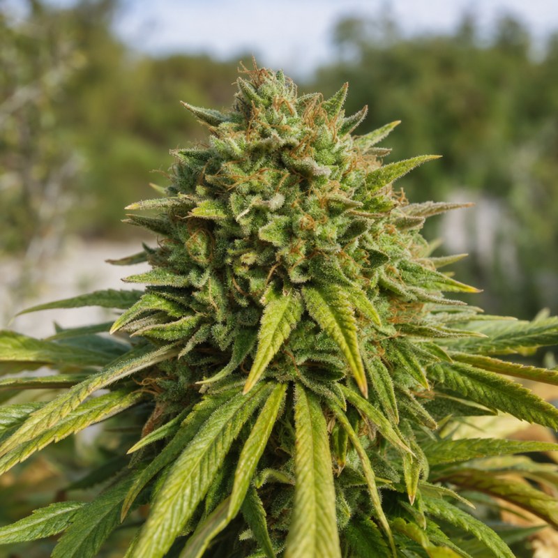 Outdoor macro photograph of the Kosher Kush flower on a living plant