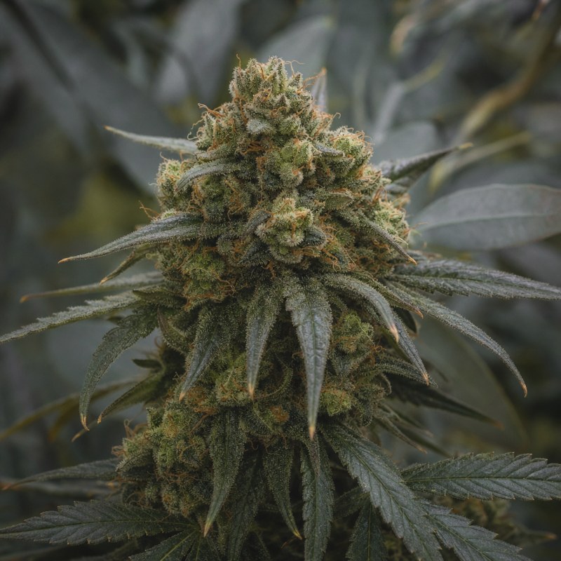 Outdoor macro photograph of the Abusive OG flower on a living plant