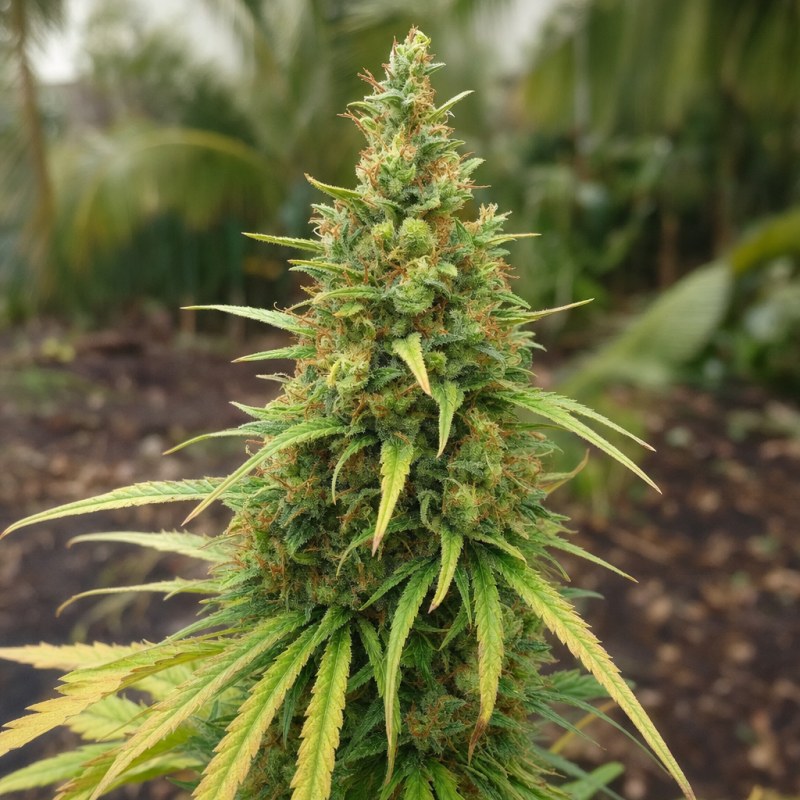 Outdoor macro photograph of the Amnesia Kush flower on a living plant