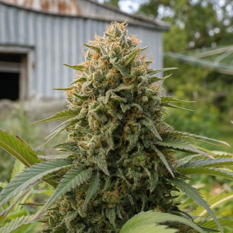 Outdoor macro photograph of the Banana OG flower on a living plant