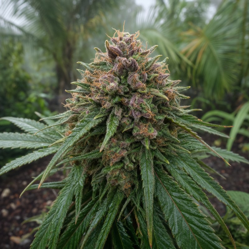 Outdoor macro photograph of the Batman OG flower on a living plant