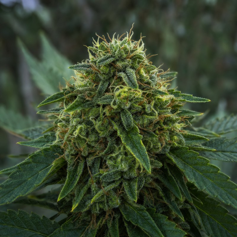 Outdoor macro photograph of the Lemon Auto flower on a living plant