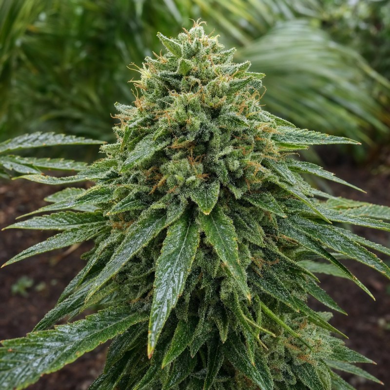 Outdoor macro photograph of the Blob OG flower on a living plant