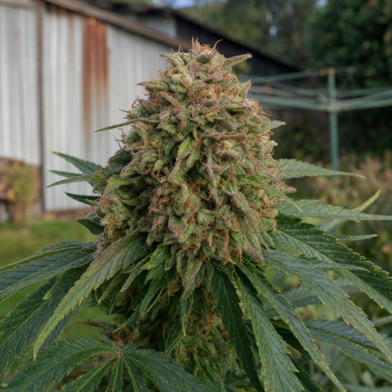 Outdoor macro photograph of the Blue Kush flower on a living plant
