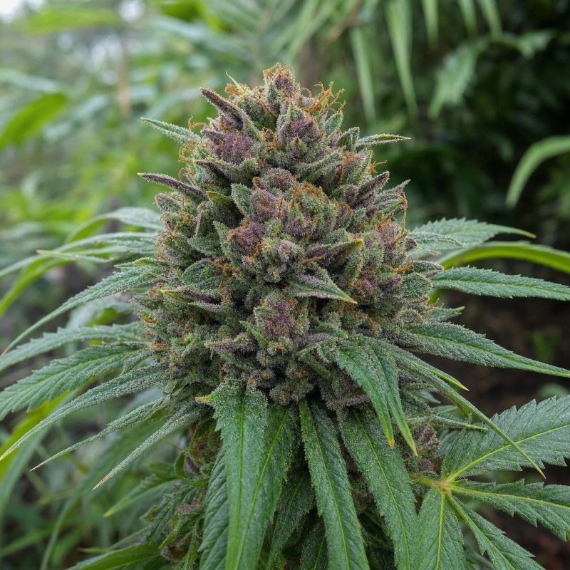 Outdoor macro photograph of the Blue Ox Auto flower on a living plant