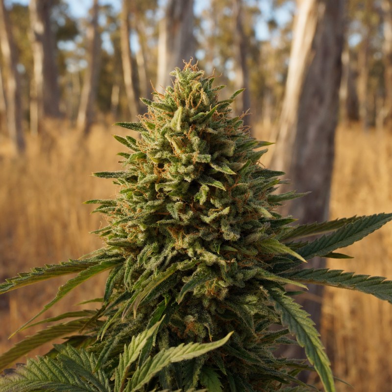 Outdoor macro photograph of the Bubblegum Kush flower on a living plant