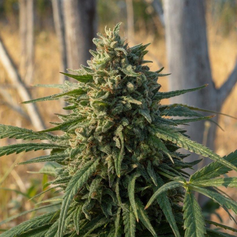Outdoor macro photograph of the Canna Tsu Kush flower on a living plant