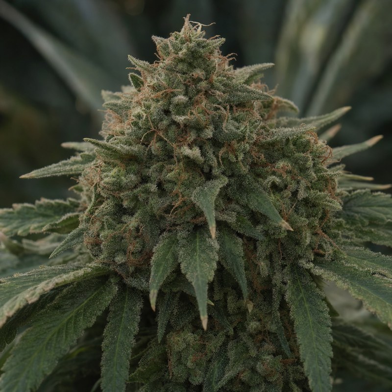 Outdoor macro photograph of the Cataract Kush Auto flower on a living plant