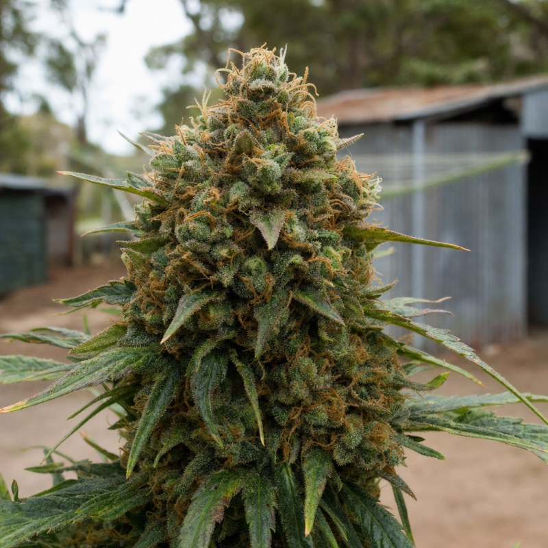 Outdoor macro photograph of the Chocolate Kush flower on a living plant