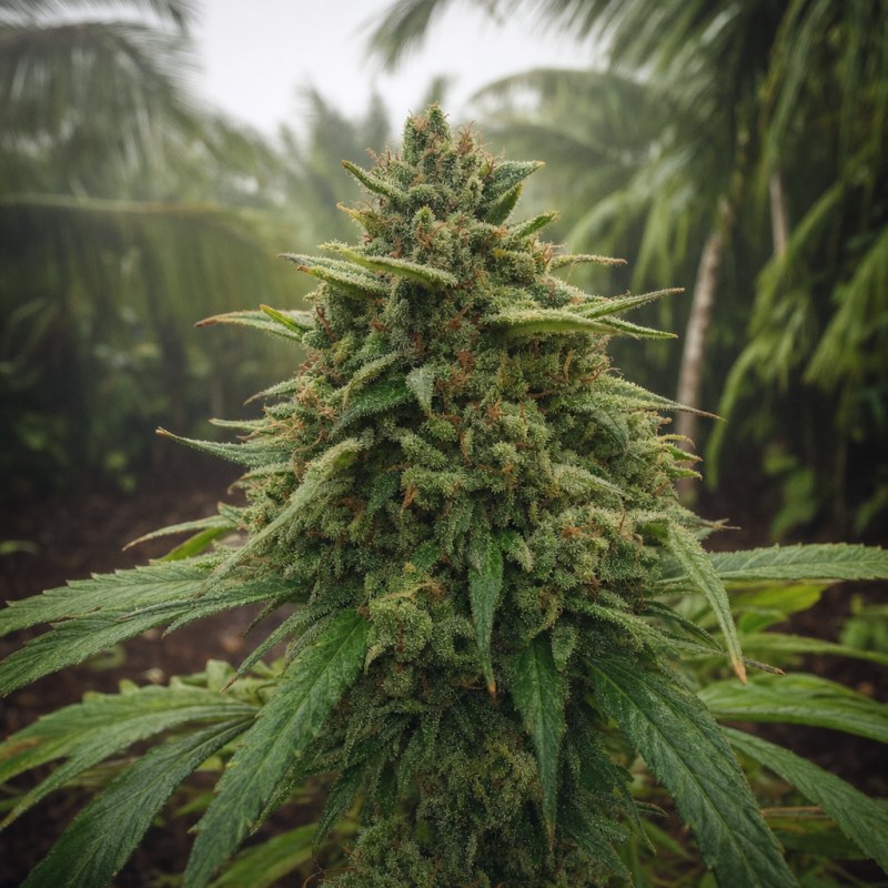 Outdoor macro photograph of the Chronic Thunder flower on a living plant