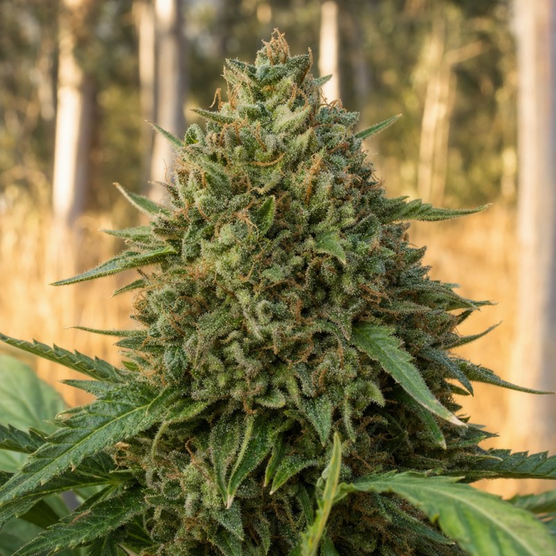 Outdoor macro photograph of the Cowboy Kush flower on a living plant