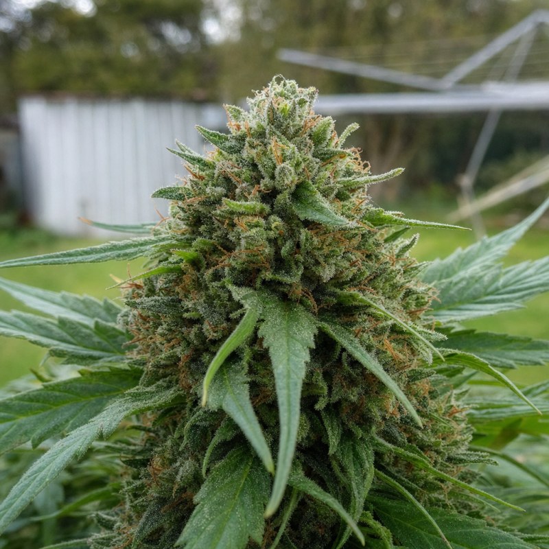 Outdoor macro photograph of the Deadhead OG flower on a living plant