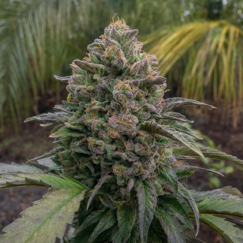 Outdoor macro photograph of the Deep Purple Auto flower on a living plant