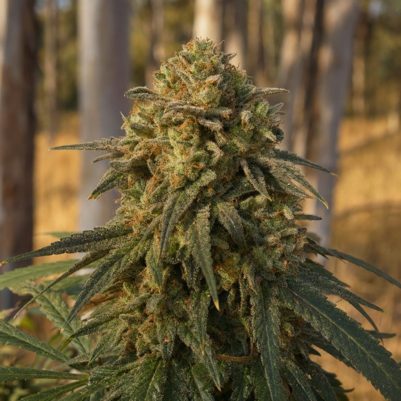 Outdoor macro photograph of the Dogwalker OG flower on a living plant