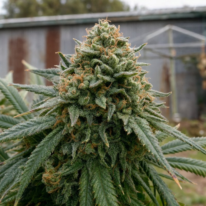 Outdoor macro photograph of the Donna OG flower on a living plant