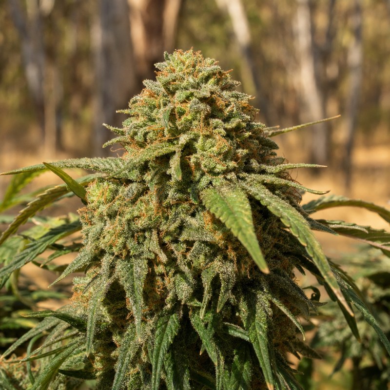 Outdoor macro photograph of the Guard Dawg flower on a living plant