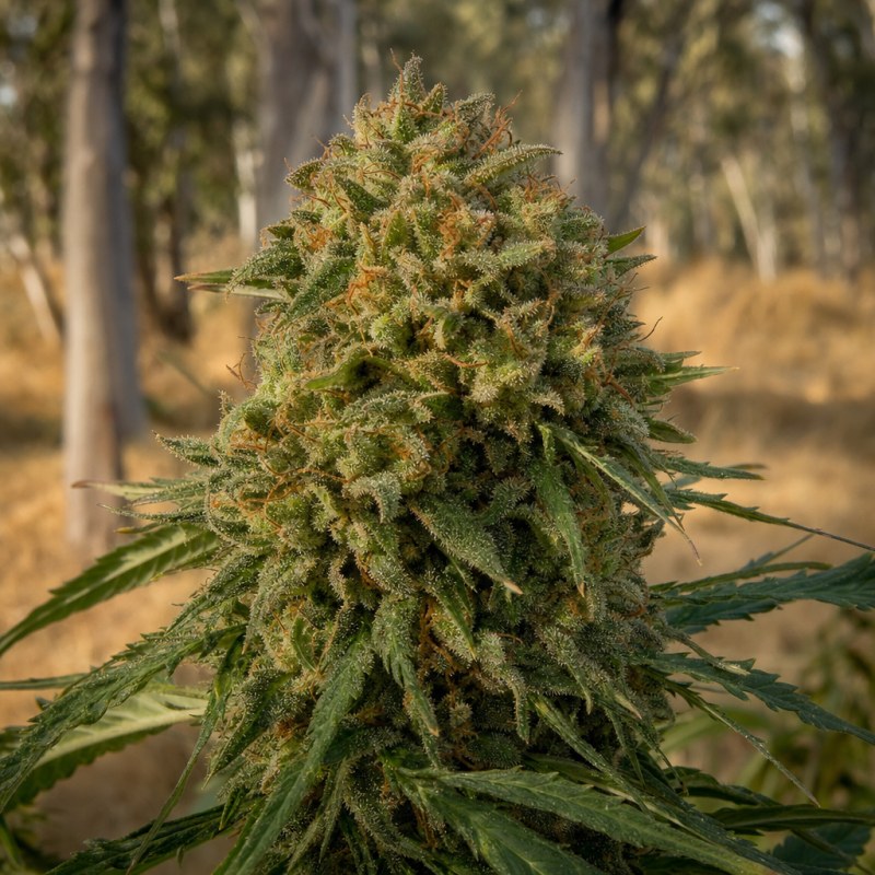 Outdoor macro photograph of the Illuminati OG flower on a living plant