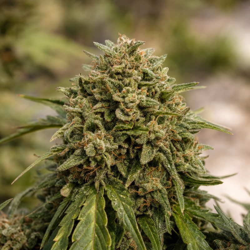 Outdoor macro photograph of the Jedi Kush Auto flower on a living plant
