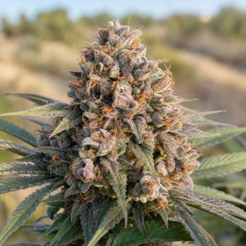 Outdoor macro photograph of the Krishna Kush flower on a living plant