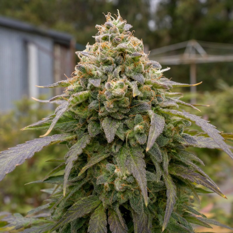 Outdoor macro photograph of the Kush Cake flower on a living plant