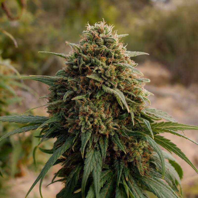 Outdoor macro photograph of the LA Woman Auto flower on a living plant