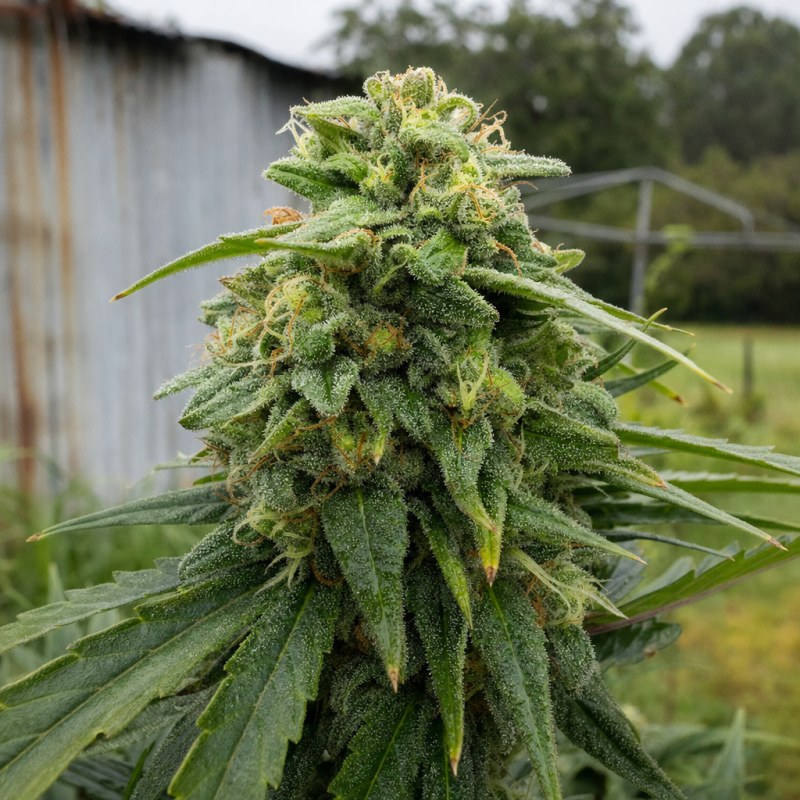 Outdoor macro photograph of the Mac 1 Auto flower on a living plant