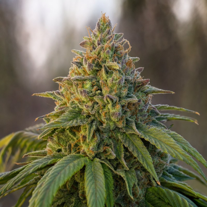 Outdoor macro photograph of the Blackberry Kush Auto flower on a living plant