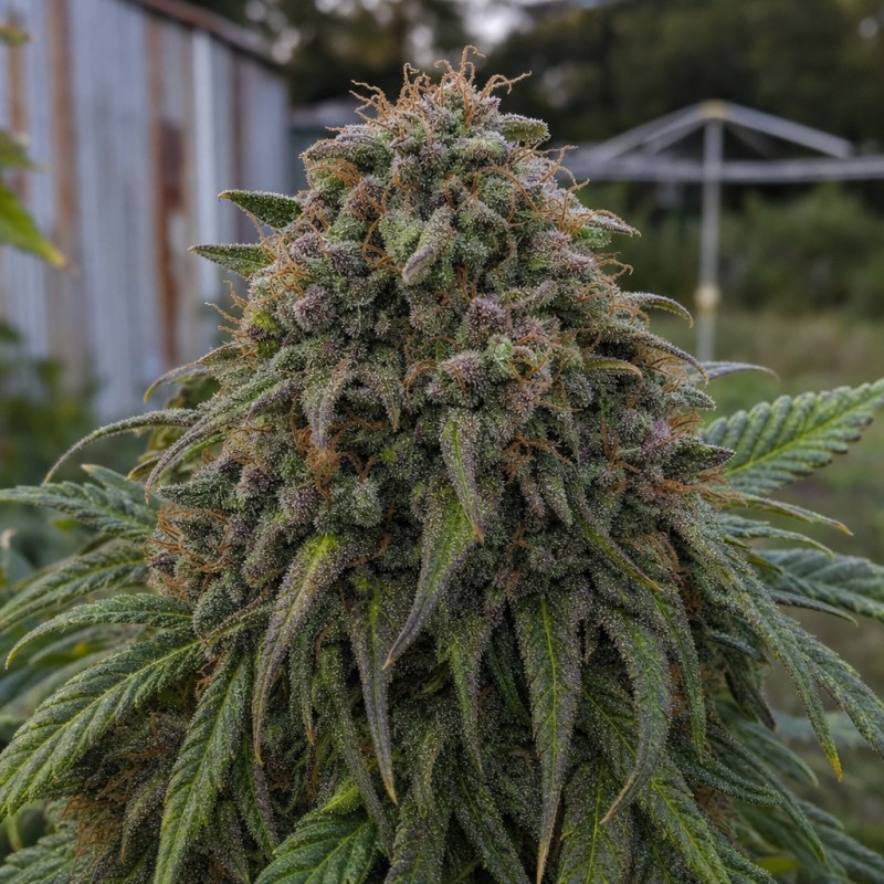 Outdoor macro photograph of the Merlot OG flower on a living plant